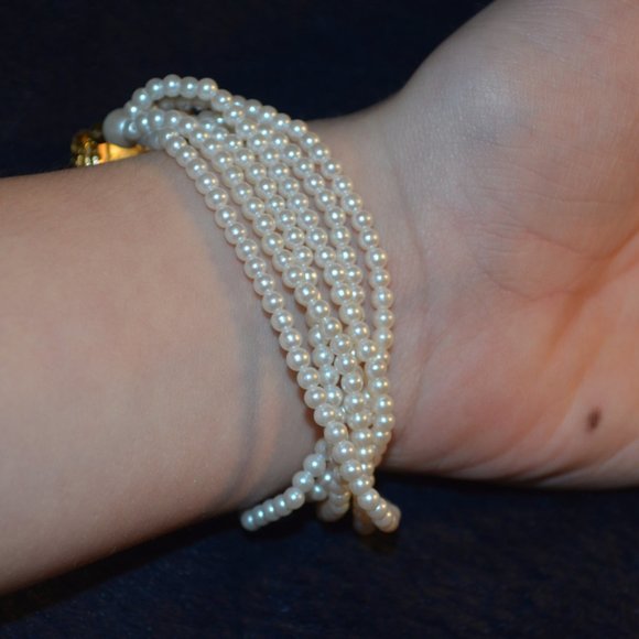 Vintage Collectible Bracelet 6 Strings Pearly Beads Pendant Rose Length - 7.5' - Picture 6 of 6